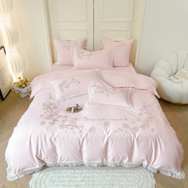 Pink Flowers Premium Embroidery Duvet Cover Set, 1000TC Egyptian Cotton Bedding Set