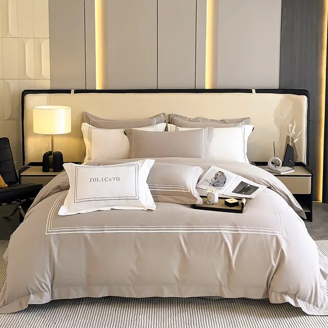 White Grey Luxury Hotel Grade Embroidery Duvet Cover Set, 100% Cotton Brushed Bedding Set