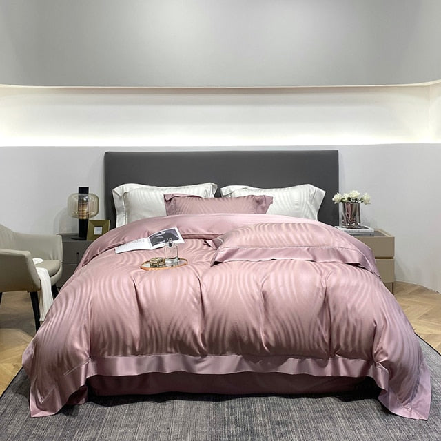 Luxury White Pink Smooth Soft Cozy Jacquard Silky Duvet Cover Set, Natural Wood Pulp Fibers Bedding Set