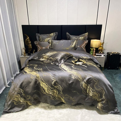 Luxury Black Gold Marble Jacquard Leopard Print Patchwork Duvet Cover, Egyptian Cotton 1000TC Bedding Set