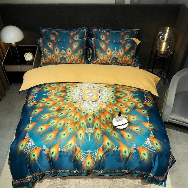 Premium Peacock Boho Digital Printing Smooth Soft Silky Duvet Cover Set, Polyester 600TC Bedding Set