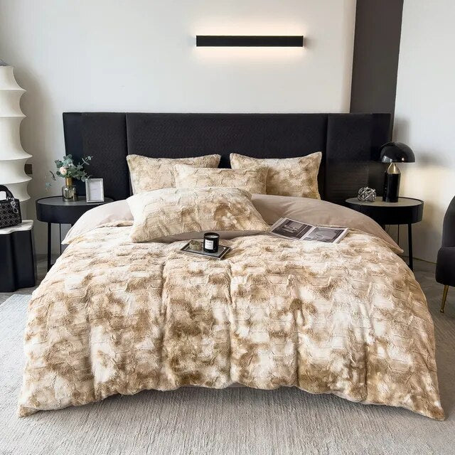 Black White Gradient Soft Faux Fur Velvet Fleece Nordic Duvet Cover Bedding Set