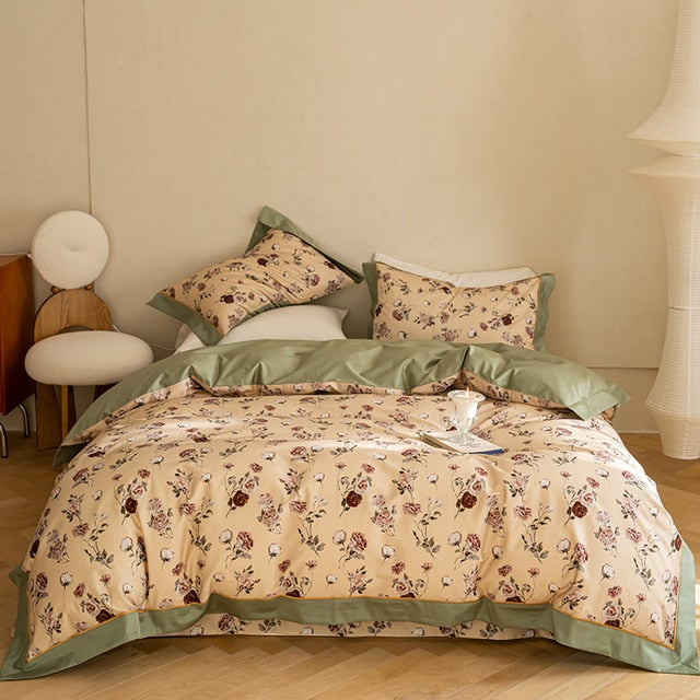 Green Brown Vintage Rose Floral Autumn Winter Duvet Cover, 1000TC Egyptian Cotton Bedding Set
