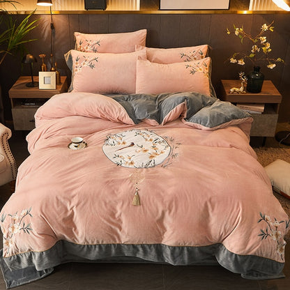Pink Grey Oriental Flowers Bird Embroidered Velvet Fleece Duvet Cover Bedding Set
