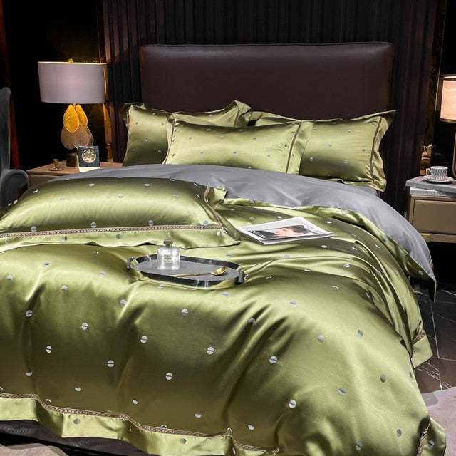 Luxury Gold Green Leaf Tropical Satin Jacquard Duvet Cover, 1000TC Egyptian Cotton Bedding Set