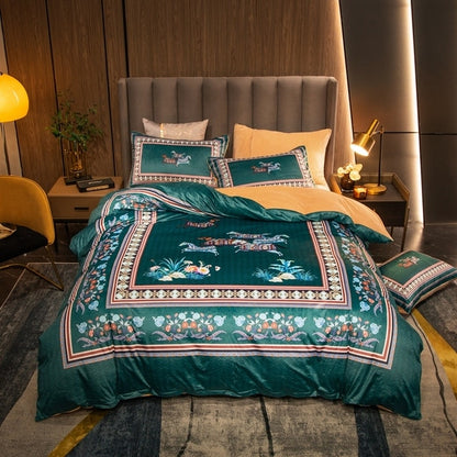 Luxury Horse Blue Gold European Baroque Linen Duvet Cover Set, Coral Velvet Fleece Bedding Set