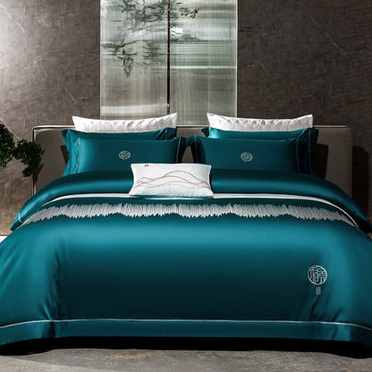 Luxury Blue Turquoise Relax Embroidered Linen Duvet Cover Set, 1000TC Egyptian Cotton Bedding Set