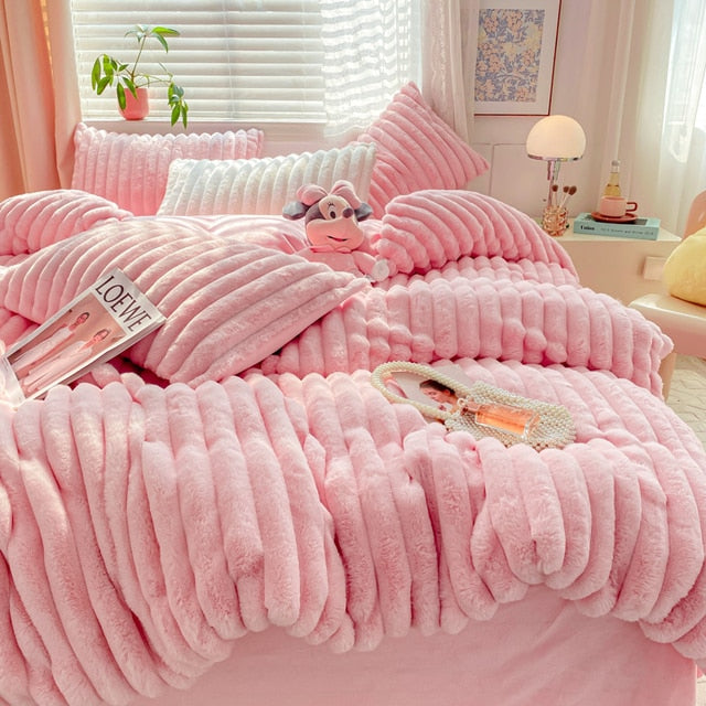 Pink Grey Luxury Fluffy Soft Warm Velvet Fleece Girl Child Duvet Cover Bedding Set