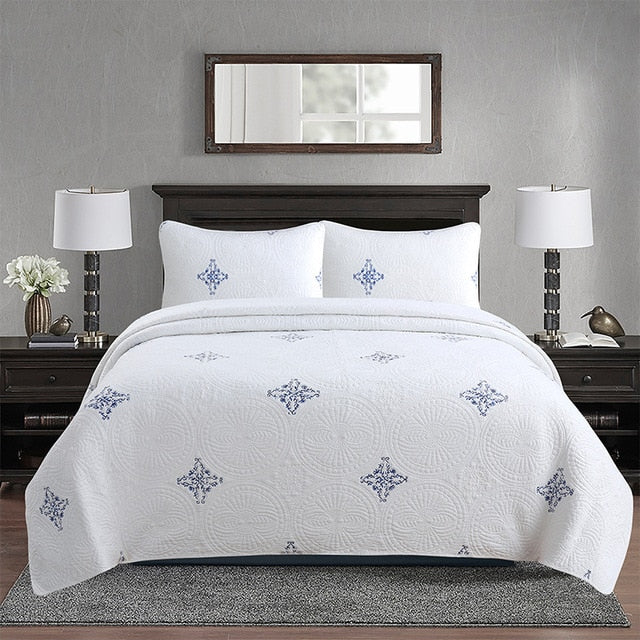 White Gold Royal European Cotton Luxury Quilted Bedspread Bohemian Coverlet Bedding Set