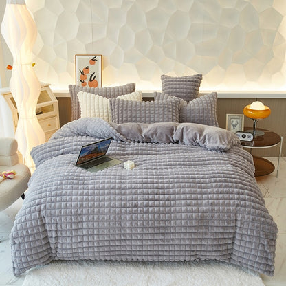 White Grey Luxury Fluffy Velvet Fleece Family Duvet Cover Bedding Set