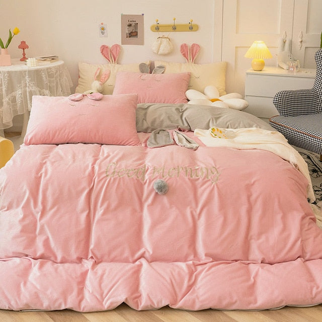 Pink White Bunny Rabbit Girls Crystal Velvet Kids Duvet Cover Set, Fleece Fabric Bedding Set