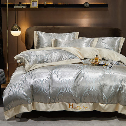 Premium Quality Silk Golden Jacquard Boho Embroidered Duvet Cover Bedding Set