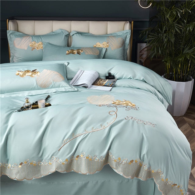 Luxury Grey Gold Pink Love Flowers American Embroidered Soft Duvet Cover Set, 100% Cotton Bedding Set