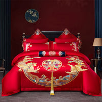 Thumbnail for Luxury Dragon Phoenix Red Gold Tassel Wedding Wealth Duvet Cover Set, Egyptian Cotton 1000TC Bedding Set
