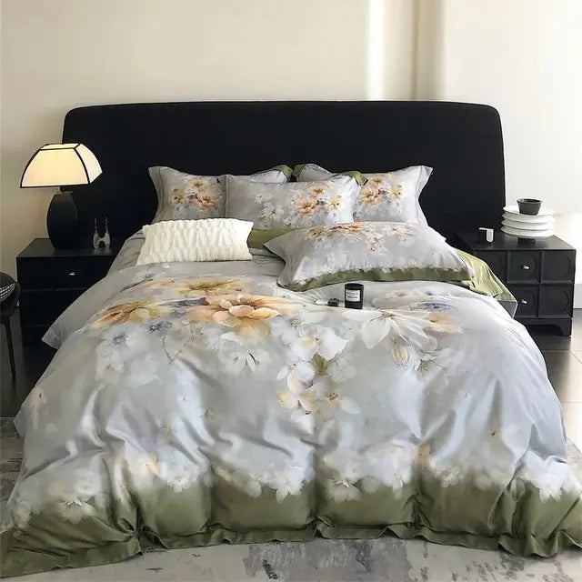 Premium Chic Flower Print 1000TC Lyocell Cotton High Quality Silky Duvet Cover Bedding Set