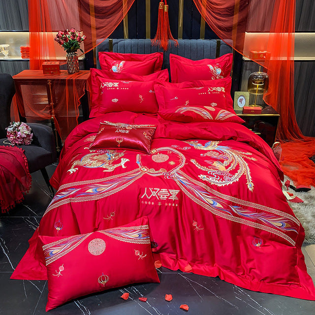 Luxury Red Peacock Elegant Phoenix Embroidered Wedding Duvet Cover Set, 600TC Egyptian Cotton Bedding Set