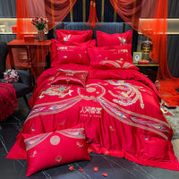 Thumbnail for Luxury Red Peacock Elegant Phoenix Embroidered Wedding Duvet Cover Set, 600TC Egyptian Cotton Bedding Set