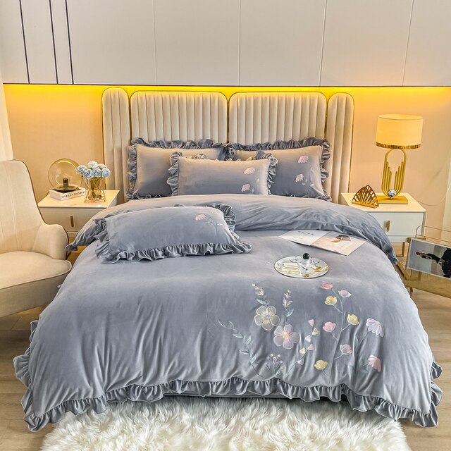 White Pink Soft Crystal Velvet Flowers Embroidered Ruffles Duvet Cover Set, Fleece Fabric Bedding Set