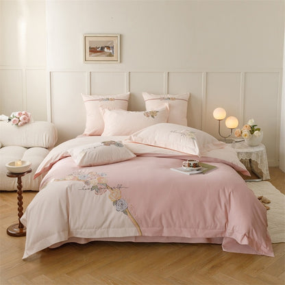 Pink Green Elegant Flowers Embroidered Family Duvet Cover, Cotton Brushed Bedding Set