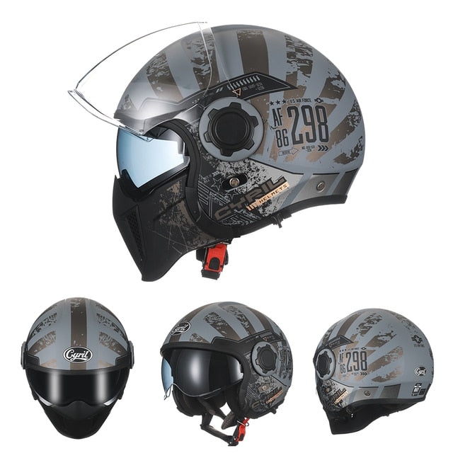 Black Grey Skull Retro Motorcycle Helmets Open Full Face Double Lens Dot Approved