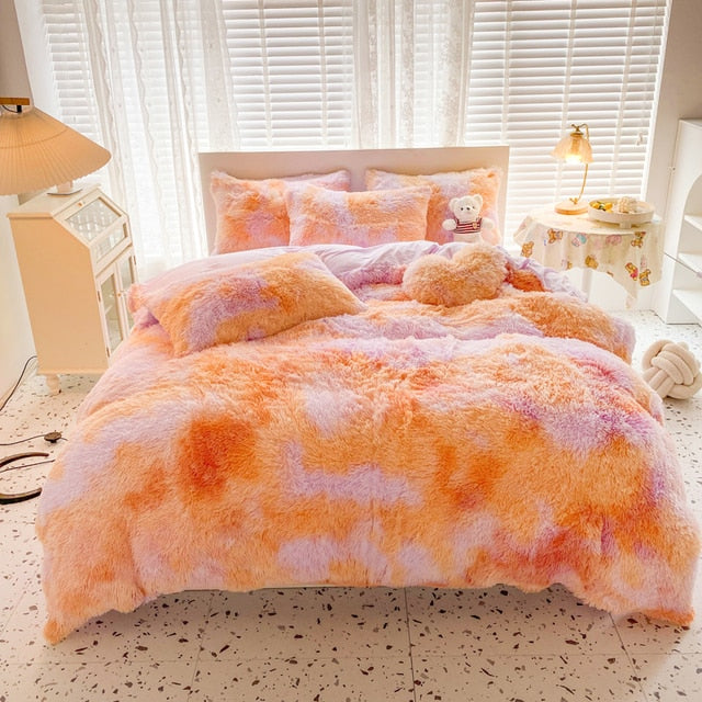Rainbow Colorful Soft Warm Cozy Girls Winter Duvet Cover Set, Velvet Fleece Fabric Bedding Set