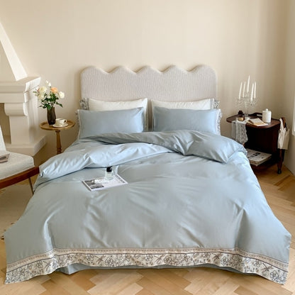 White Blue Flowers Dragonfly Europe Satin Duvet Cover Set,1000TC Egyptian Cotton Bedding Set