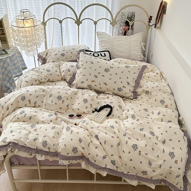 Small Floral Printed Pattern Vintage French Ruffles 100% Cotton Duvet Cover Bedding Set