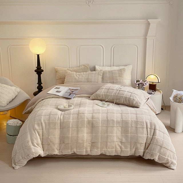 White Grey Warm Short Plush Velvet Fleece Hotel Grade Duvet Cover Bedding Set