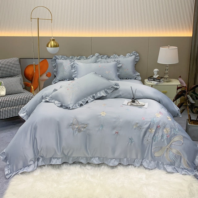 Luxury Butterfly Princess Chic Flowers Embroidery Ruffles Duvet Cover, Cotton 600TC Bedding Set