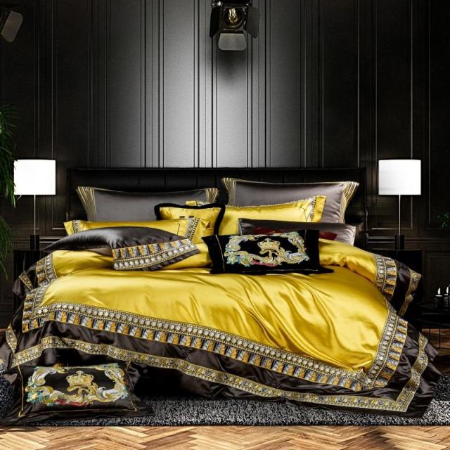 Luxury Lion Gold Vintage Silk Jacquard European Duvet Cover Set, Egyptian Cotton 1200TC Bedding Set
