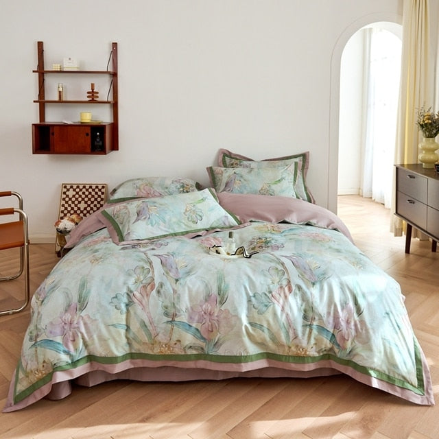 Nature Vintage Oil Painting Flowers Luxury Silky Duvet Cover, Egyptian Cotton 1000TC Bedding Set