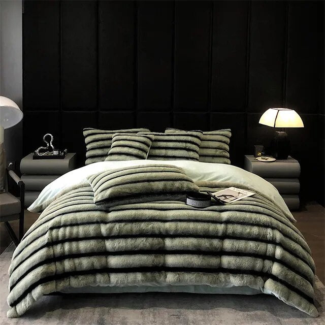 Premium Grey Brown Plush Velvet Fleece Stripe Duvet Cover Bedding Set