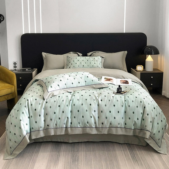 Luxury Flower Garden Polka Dot Digital Printing Duvet Cover Set, 1000TC Egyptian Cotton Bedding Set