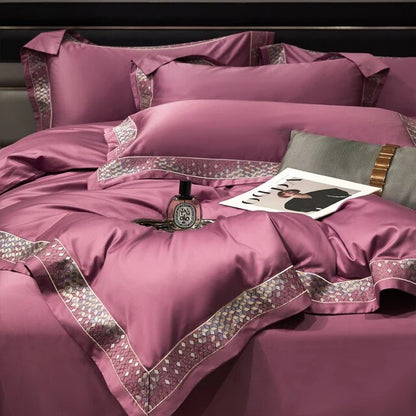 Silver Grey Luxury Long Square Stripe Embroidery Satin Silky Duvet Cover Set, 1000TC Egyptian Cotton Bedding Set
