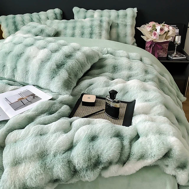 Premium Gradient Fur Autumn Winter Plush Cozy Duvet Cover Bedding Set