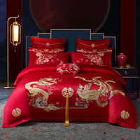 Thumbnail for Red Gold Dragon Phoenix Wedding Long Embroidery Duvet Cover Set, Egyptian Cotton 600TC Bedding Set