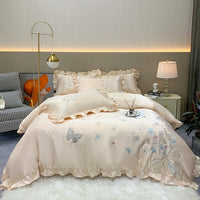 Thumbnail for Luxury Butterfly Princess Chic Flowers Embroidery Ruffles Duvet Cover, Cotton 600TC Bedding Set