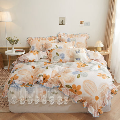 Floral Sweet Dream Patchwork Bed skirt Lace Ruffle Duvet Cover, 1000TC Egyptian Cotton Bedding Set