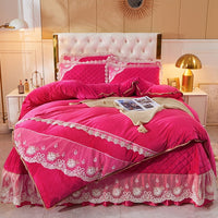 Thumbnail for Luxury Yellow Pink Warm Velvet Fleece Lace Ruffles Quilted Bedspread Bedding Set