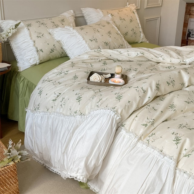 French Vintage White Green Patchwork Floral Ruffles Duvet Cover Set, 400TC Cotton Bedding Set