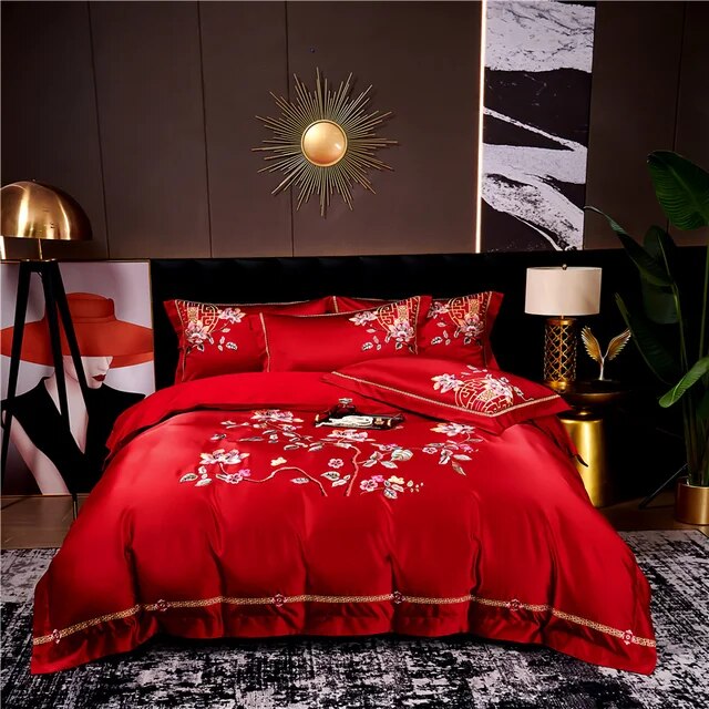 Red Gold Luxury Egyptian Cotton Peony Flower Embroidery Duvet Cover Bedding Set