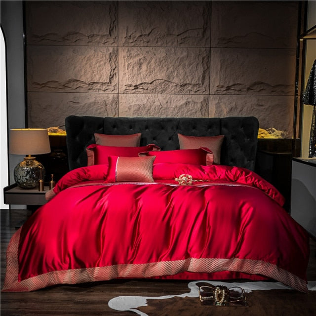 Luxury Gold Red Turquoise Baroque Europe Silk Embroidery Duvet Cover Set, 1000TC Egyptian Cotton Bedding Set