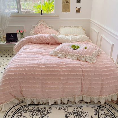 Pink White Super Soft Princess Tassel Ruffles Duvet Cover Set, Fleece Fabric Bedding Set