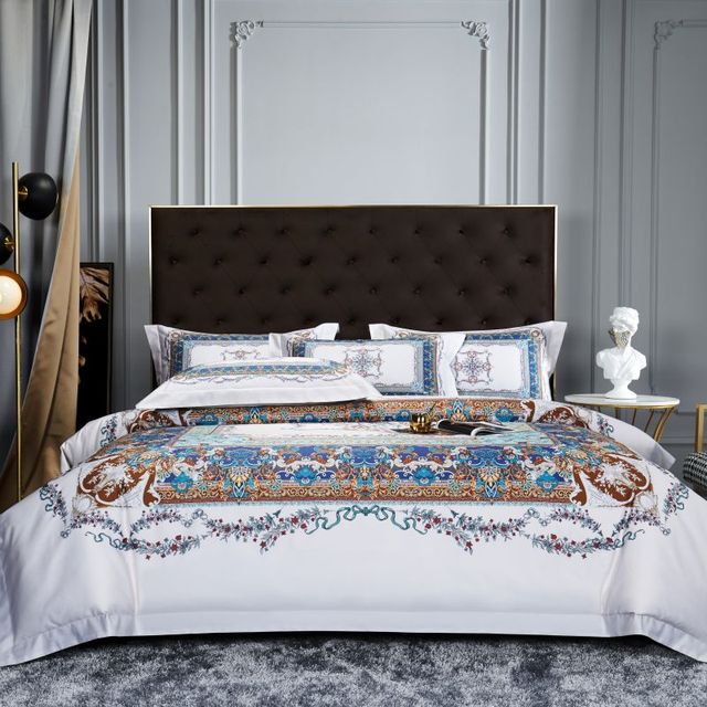 Luxury Brown Blue Baroque European Palace Silky Boho Duvet Cover Set, 1000TC Egyptian Cotton Bedding Set