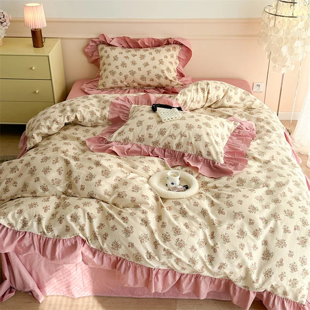 Rose Beauty Flower Printed 100% Cotton Vintage French Ruffles Duvet Cover Bedding Set