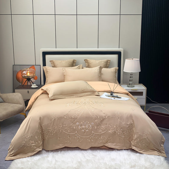 Luxury European Royal White Gold Satin Duvet Cover Set, Silk Cotton 600TC Bedding Set