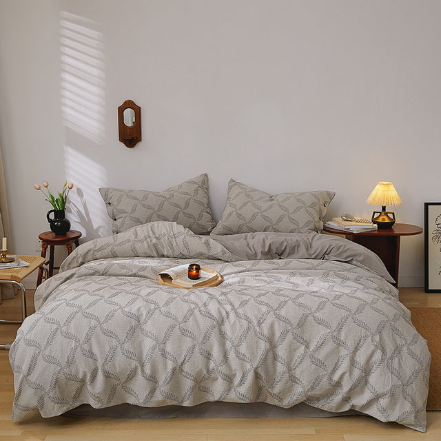 Nordic Blue Geometric Bohemian Jacquard Duvet Cover Set, Washed Cotton 400TC Bedding Set