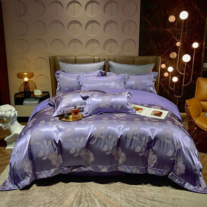 Luxury Gold Jacquard European Flower Silky Duvet Cover Set, Cotton Bedding Set