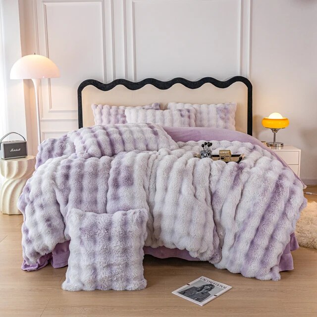 Luxury Pink White Fur Embroidered Velvet Fleece Warm Winter Girls Child Duvet Cover Bedding Set