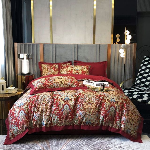 Red Gold Bohemia Pattern Baroque Wedding Flower Duvet Cover Set, 1000TC Egyptian Cotton Bedding Set